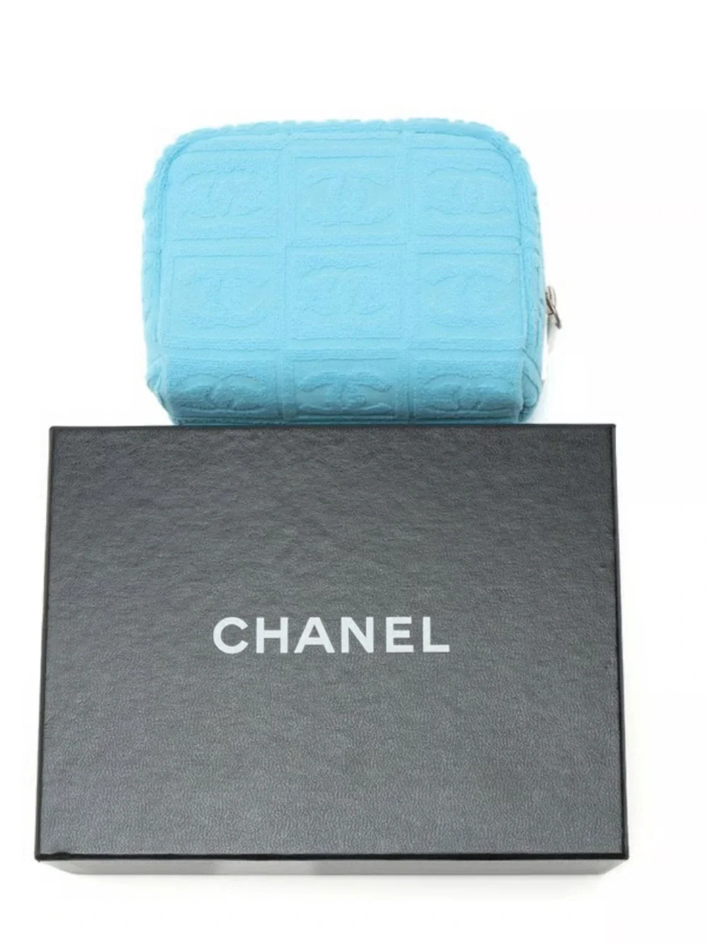 CHANEL Light Blue Embossed CC Terry Zip Pouch